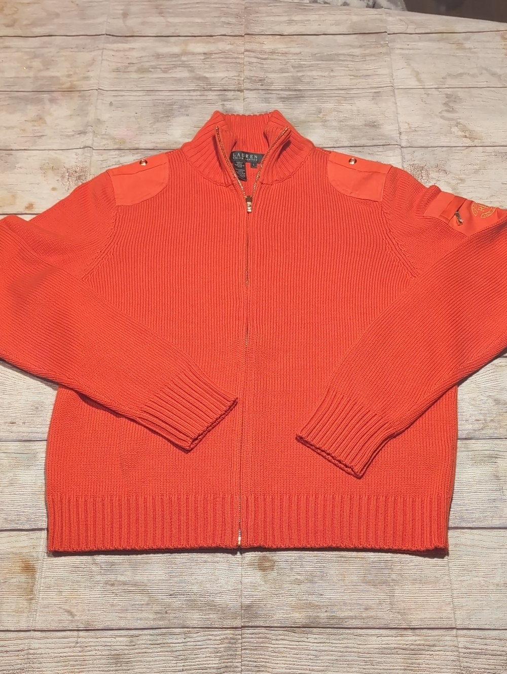 Lauren Ralph Lauren Orange Stand Up Collar Full Zip Utility Shoulder Sweater SzL